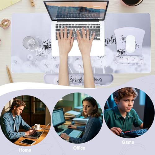 MEGREZ 4-in-1 Mouse Pad with Wrist Rest Ergonomic Memory Foam Desk Mat Set | ergonomic, anti-slip base, 4pcs set, desk pad, mouse wrist rest, keyboard rest, coaster, ideal for office & gaming - color: Gray Dandelion