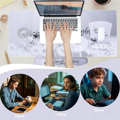 MEGREZ 4-in-1 Mouse Pad with Wrist Rest Ergonomic Memory Foam Desk Mat Set | ergonomic, anti-slip base, 4pcs set, desk pad, mouse wrist rest, keyboard rest, coaster, ideal for office & gaming - color: Gray Dandelion