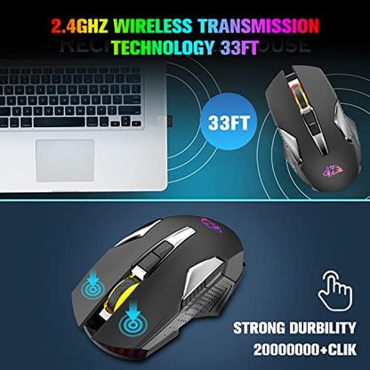 FELICON Wrieless Gaming Mouse, Silent Rechargeable Optical Sensor 3 Level DPI Computer Mice, Computer Wrieless Mouse with 7 Color LED Light for Windows/Mac/Linux/PC/Laptop(Black) - color: Black
