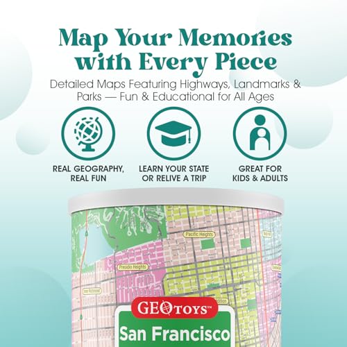 Geotoys San Francisco Mini City Puzzle - 100 Piece Puzzles for Kids and Adults in Portable Can, 13" x 10" Educational Travel Puzzle for Ages 7 and Up - Mini Puzzles to Learn & Explore Geography - style: San Francisco