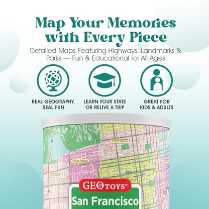 Geotoys San Francisco Mini City Puzzle - 100 Piece Puzzles for Kids and Adults in Portable Can, 13" x 10" Educational Travel Puzzle for Ages 7 and Up - Mini Puzzles to Learn & Explore Geography - style: San Francisco