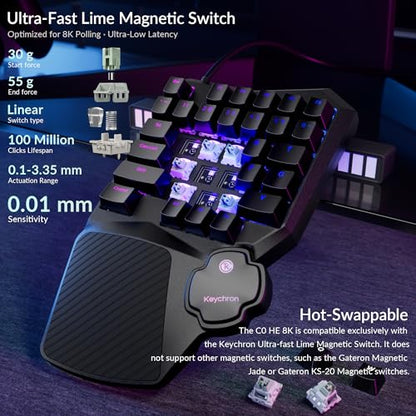 Keychron C0 HE 8K Wired One-Handed Gaming Keypad, Rapid Trigger Hall Effect Magnetic Switches, 35 Programmable Keys, Per-Key RGB Lighting, Web-Based Configurator, Compatible with Windows & macOS