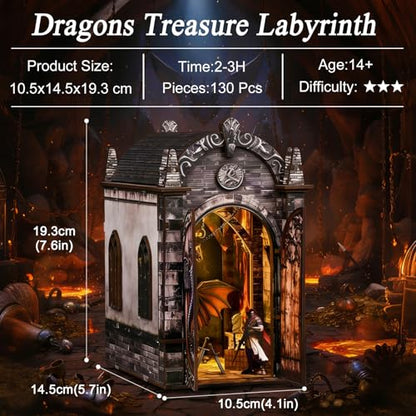 DIY Book Nook Kit, 3D Wooden Puzzle for Adults, Miniature House Kit with Touch LED Light, Gothic Bookshelf Insert Decor, Creative Hobby Gift for Fantasy Lovers (Dragons Treasure Labyrinth) - style: Dragons Treasure Labyrinth