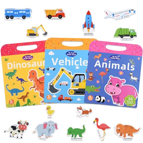 ASTARON 3 Pack Reusable 3D Puffy Sticker Book for Kids 3-6, Jelly Sticker Game Educational Sensory Learning Toy, Travel Toys and Busy Book(Dino Car Animal) - style: Dino Car Animal