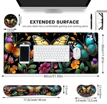 Large Gaming Mouse Pad+ Keyboard Wrist Rest Set, Ergonomics Memory Foam Mouse Mat Wrist Rest Support, Waterproof Extended Mousepad 31.5x11.8in, Colorful Butterflies and Flowers Desk Pad - color: Yvb-mousepad-9-f-170
