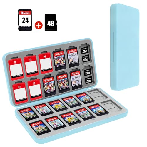 FYY Nintendo Switch Game Case Holder for Switch 2 Cartridge, Light Blue | 24 Game Card Slots & 48 Micro SD Card Slots, Hard Shell, Silicone Lining - color: B-Light Blue