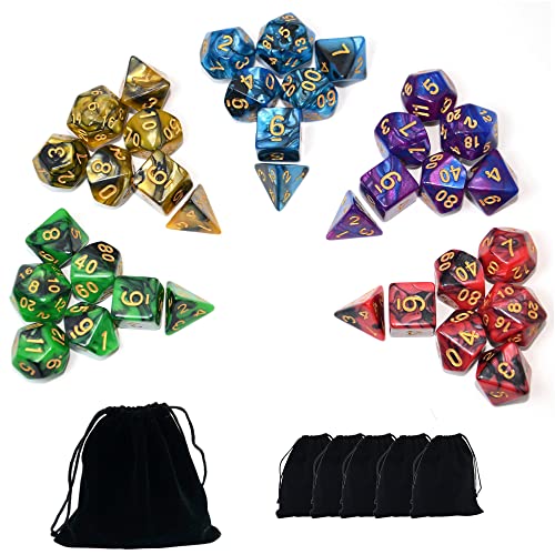 SmartDealsPro 5 x 7-Die Double-Colors Polyhedral Dice Sets with Pouches for D&D DND RPG MTG Dungeon and Dragons Table Board Roll Playing Games D4 D6 D8 D10 D% D12 D20 - color: 5-color Sets
