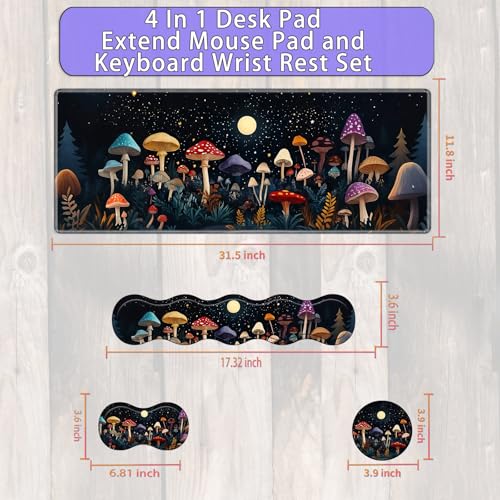 Large Gaming Mouse Pad Set with Wrist Support – 31.5" x 11.8" 4-in-1 XXL Mousepad with Keyboard Wrist Rest, Mouse Wrist Rest & Coaster – Ergonomic Desk Mat for Office, Home – Mushroom - color: Mushroom