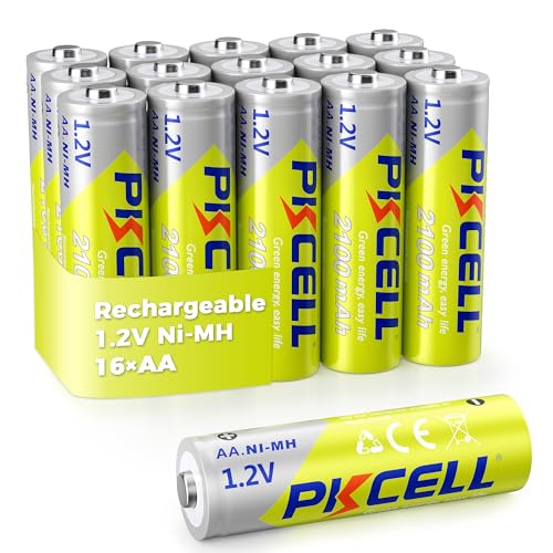 PKCELL Rechargeable AA Batteries 16-Pack, 2100mAh 1.2V NiMH AA Rechargeable Batteries, 1200+ Charging Cycles,Low Self Discharge for Solar Light,Game Controllers, Flashlights
