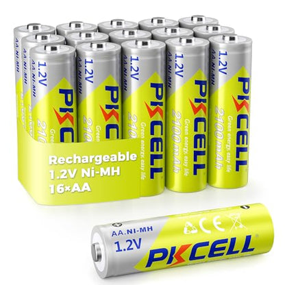 PKCELL Rechargeable AA Batteries 16-Pack, 2100mAh 1.2V NiMH AA Rechargeable Batteries, 1200+ Charging Cycles,Low Self Discharge for Solar Light,Game Controllers, Flashlights