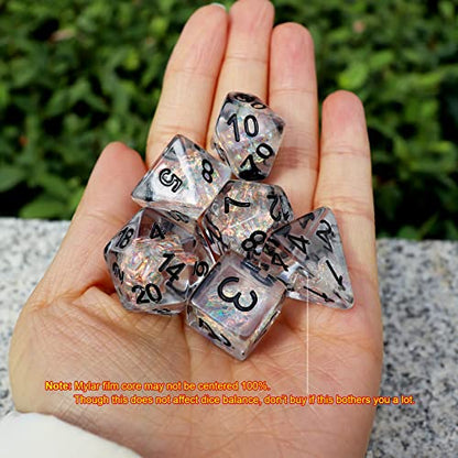 Haxtec Clear DND Dice Set, 7 Pcs Iridescent Resin Polyhedral RPG Dice | Rainbow D&D Dice with Velvet Bag, Rounded Edge, Compatible with Dungeons and Dragons, Gifts for DND Gamers & DM Masters - color: Clear Black