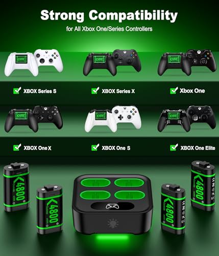 Upgraded Fast Charging Rechargeable Battery Packs with Light Control, 4 x 4800mWh Xbox Controller Batteries with Charger Dock for Xbox Series X|S, One S/X/Elite Controllers,Cases and Storage Sets - size: L-Max