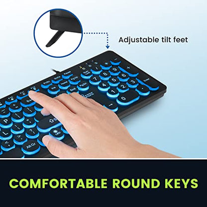 Perixx PERIBOARD-317R Wired Backlit USB Keyboard - Big Print Letter - Tri-Color Illuminated LED - Stylish Round Keycaps - US English - style: Tri-Color Backlit