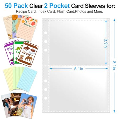 3x5 Index Card Sleeves Binder Sheets - 50 Pack | Clear Plastic Refill 2 Pocket Page Protector for Recipe Cards, Photo Cards, Flash Cards | Fits 6-Ring A5 Binder | Organizer and Holder - 200 Pockets - size: 3" x 5"