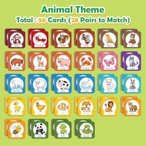 Edulok Memory Card Game, Toddler Match Game, Learn Spanish for Kids, Bilingual Flash Cards, Learning Toys for 4 Year Old, Preschool Learning Activities, Homeschool Supplies, Kindergarten Toys - style: Animal