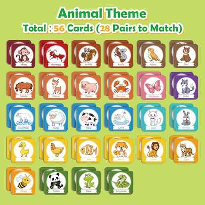 Edulok Memory Card Game, Toddler Match Game, Learn Spanish for Kids, Bilingual Flash Cards, Learning Toys for 4 Year Old, Preschool Learning Activities, Homeschool Supplies, Kindergarten Toys - style: Animal