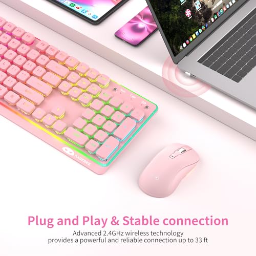 MAGEGEE Wireless Keyboard and Mouse Combo, 2.4G Full Size RGB Keyboard with 104 Keys, Rechargeable Wireless Mouse with 3 DPI, Ergonomic Computer Keyboard and Mouse Set for Windows Mac Laptop PC - color: Pink