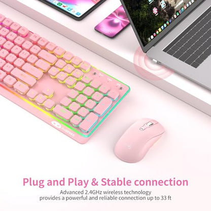 MAGEGEE Wireless Keyboard and Mouse Combo, 2.4G Full Size RGB Keyboard with 104 Keys, Rechargeable Wireless Mouse with 3 DPI, Ergonomic Computer Keyboard and Mouse Set for Windows Mac Laptop PC - color: Pink