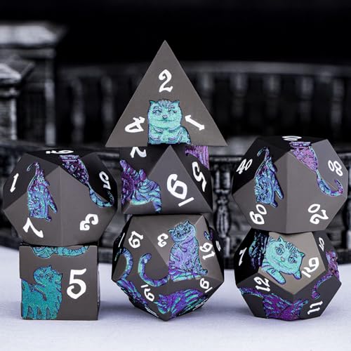 Metal DND Cat Dice 7PCS Polyhedral RPG Dice Set with Gift Case for Dungeons Dragons Role Playing Game, D and D Dice D6 D8 D10 D12 D20 D% (Purple Green) - color: Cat-purple Green&black