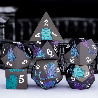Metal DND Cat Dice 7PCS Polyhedral RPG Dice Set with Gift Case for Dungeons Dragons Role Playing Game, D and D Dice D6 D8 D10 D12 D20 D% (Purple Green) - color: Cat-purple Green&black