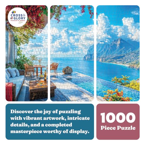 Cross & Glory | 1000 Piece Jigsaw Puzzles for Adults | Patio by the Sea | Serene Coastal Patio and Ocean View Puzzle | 2mm Thick Pieces | Bonus Reference Poster | Satin Finish | Ages 14+ - color: Patio By the Sea