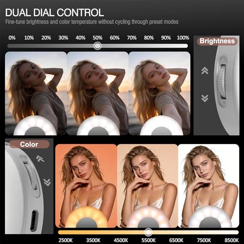 Clip on Ring Light, Stepless Dial Control Selfie Light for iPhone Phone, Rechargeable Portable LED Phone Light for Women, Girls, Makeup, Selfies, Video, Live Streaming, Online Meetings