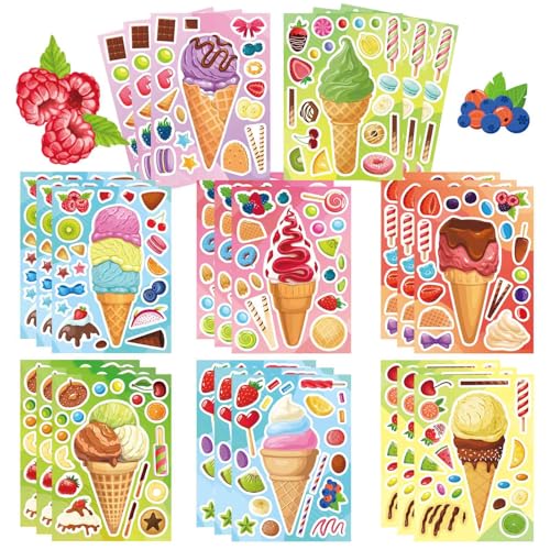 Ice Cream Stickers, Make Your Own Sticker, Make a Face Stickers | 24 Sheets Summer Sticker for Kids Toddlers, Ice Cream Party Favor Supplies Craft - style: Ice Cream