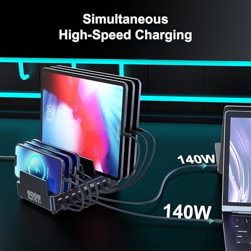 600W USB C Charging Station with Charging Stand (Black) | GaN Tech 10-Port PD3.1 140W QC60W Multiple Devices Charger Organizer for MacBook Laptop, iPad, iPhone and More
