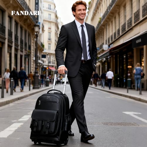 FANDARE Rolling Laptop Backpack Convertible Luggage Backpack with Wheels Travel Daypacks Multi-Functional Carry-On for Business Trip Men Lifestyle Outdoor Urban Waterproof PU Film Backpacks Black - color: Black