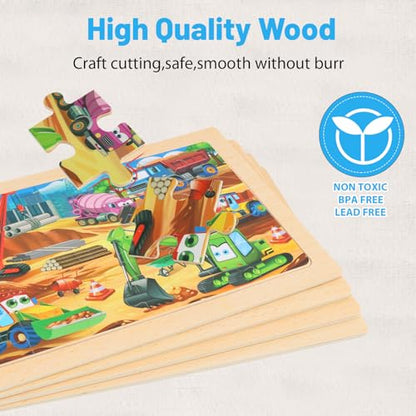 Puzzles for Kids Ages 4-6, 4-Pack 24-Piece Wooden Kids Puzzles | Construction Vehicle Themes | Educational Puzzles for Kids Ages 3-5, Age-Appropriate Learning Toys, Ages 3+ - color: Vehicles