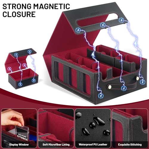 Commander Deck Box with Handle, Trading Card Storage Box for MTG&TCG.7 in 1 MTG Deck Box with 6 Toploaders, 6 Stoppers, 10 Colorful Dividers.(Black& Red, 7 IN 1) - color: Black& Red