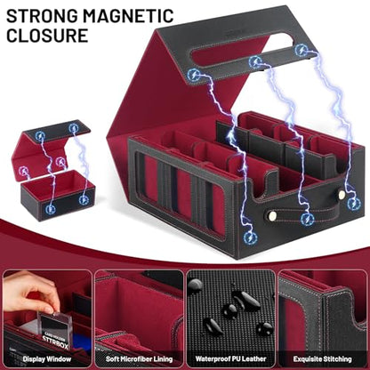 Commander Deck Box with Handle, Trading Card Storage Box for MTG&TCG.7 in 1 MTG Deck Box with 6 Toploaders, 6 Stoppers, 10 Colorful Dividers.(Black& Red, 7 IN 1) - color: Black& Red