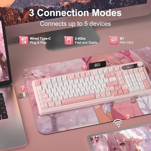 MageGee GK960 Wireless Keyboard, 98 Keys Tri-Mode BT/2.4G/Wired Membrane Gaming Keyboard, RGB Creamy Keyboard with Number Pad, Knob Control, 4000mAh Battery - Sakura Pink - color: Sakura Pink