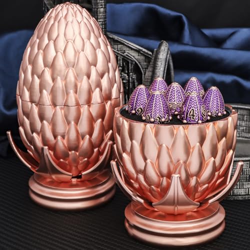 ARUOHHA DND Metal Dice Copper Purple Dragon Egg Dice with Rotating Dragon Egg Shell, Role Playing Game RPG Polyhedral D and D Dice Set D20 D12 D10 D8 D6 D4 - color: Copper Purple
