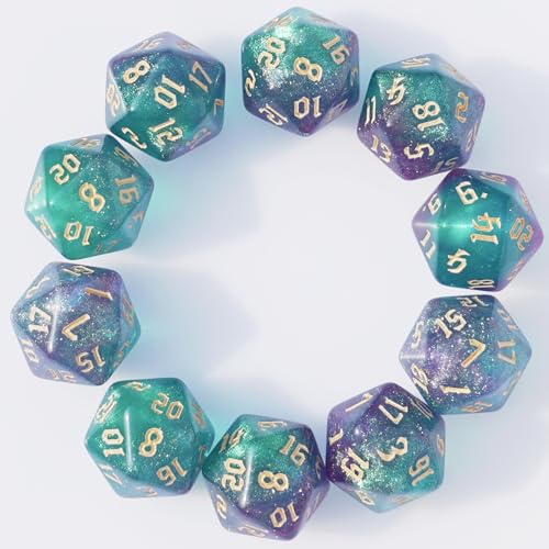 10PCs D20 Polyhedral Dice Set 22mm for DND RPG MTG Dungeons and Dragons Dice (Cyan+Purple) - color: Cyan+purple