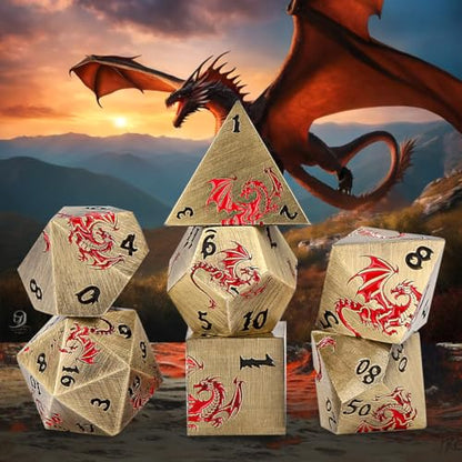 Metal Dice Set, Flat Face Design Dragon Pattern, 7pcs Polyhedral Metal DND Dice Set, DND Starter Set, D&D Gifts with Gift Box, Role Playing Board Games Accessories, Bronze - color: Bronze