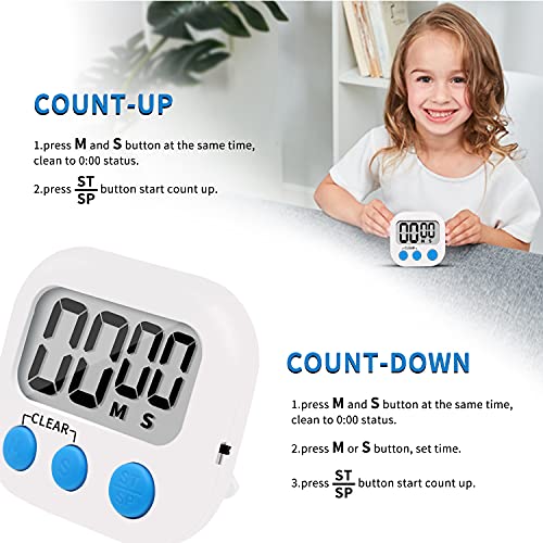 LinkDm 6 Pack Small Digital Kitchen Timer Magnetic Back and ON/Off Switch,Minute Second Count Up Countdown, White