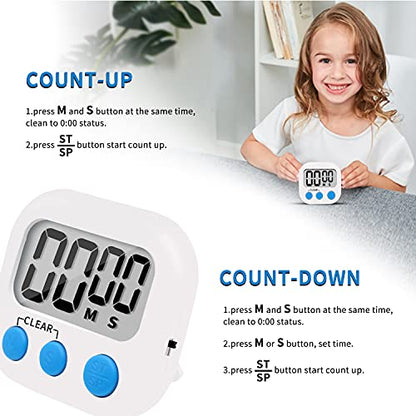 LinkDm 6 Pack Small Digital Kitchen Timer Magnetic Back and ON/Off Switch,Minute Second Count Up Countdown, White