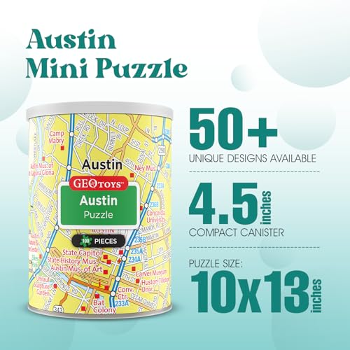 Geotoys Austin Mini City Puzzle - 100 Piece Puzzles for Kids and Adults in Portable Can, 13" x 10" Educational Travel Puzzle for Ages 7 and Up - Mini Puzzles to Learn & Explore Geography - style: Austin