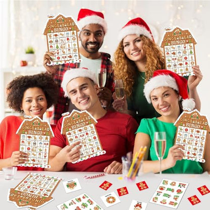 39Pcs Christmas Gingerbread Themed Bingo Game for Kids Adults 24 Players Christmas Baking Game Cards with Reward Stickers for Family Friends Students Large Group Activities Winter Holiday Party Favors - style: Christmas Gingerbread