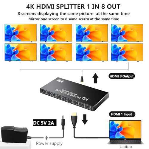 4K HDMI Splitter 1 in 8 Out - 8 Port Powered HDMI Splitter - 1x8 hdmi splitters Multi Monitor Outputs, Supports 4Kx2K@30Hz 3D for Office/PS4/Projector/HDTV