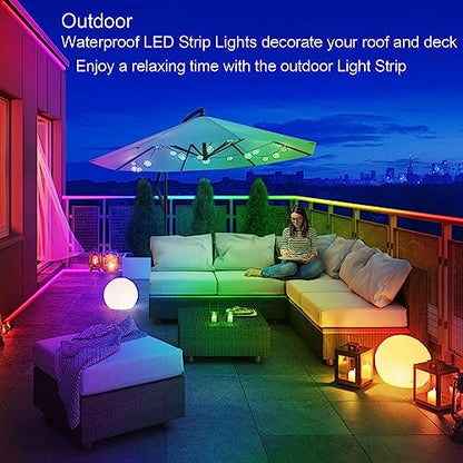 LETIANPAI 200ft Outdoor LED Strip Lights Waterproof, IP68 Outside Led Light Strips with App and Remote,Music Sync RGB Exterior Rope Self Adhesive Back for Deck,Balcony,Pool - size: 200FT Outdoor
