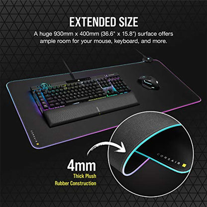 Corsair MM700 RGB Extended Cloth Gaming Mouse Pad - 36.6" x 15.8" - 360° RGB Lighting - Two USB Port Hub - Thick Rubber - Black - size: 36.6L x 15.8W inches