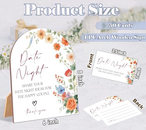 51 Pc Wildflower Date Night Ideas Game, Boho Flowers Bridal Shower Game, 6x8 Inch Arch Wooden Sign with Stand and 50 Date Night Cards, Wedding Shower Decor - YHZ03 - color: Wildflower03