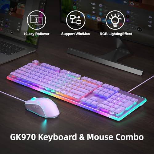 Camiysn Creamy Gaming Keyboard and Mouse, Purple 104 Keys RGB and 6 Speed RGB Mouse Combo, Pudding Keycaps Silent Computer Keyboard for Computer/PC/Laptop/Mac/Windows/Office - color: Purple