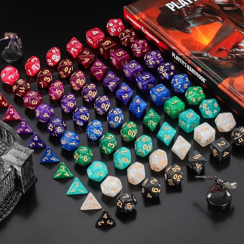 QMay DND Dice Set 10x7 (70 Pieces) Polyhedral Dice for Dungeons and Dragons D&D RPG MTG Role Playing Games with 1 Drawstring Bag - color: 10 Sets-70pcs