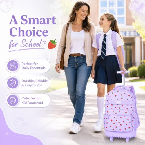 3Pcs Rolling Backpack for Girls Women, Travel Roller Backpacks with Wheels for Adults, Teens College Strawberry Wheeled Bookbag with Lunch Box (Purple) - color: Strawberry Purple