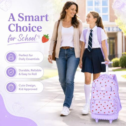 3Pcs Rolling Backpack for Girls Women, Travel Roller Backpacks with Wheels for Adults, Teens College Strawberry Wheeled Bookbag with Lunch Box (Purple) - color: Strawberry Purple