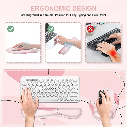 iCasso Pink Art 4in1 Desk Mat, 35.4"x15.7" Keyboard Pad for Travel | Dreamy Ergonomic Desk Pad Including Keyboard Wrist Rest, Mousepad Set for Women Workspace Table Computer Setup - color: Pink Art