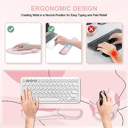 iCasso Pink Art 4in1 Desk Mat, 35.4"x15.7" Keyboard Pad for Travel | Dreamy Ergonomic Desk Pad Including Keyboard Wrist Rest, Mousepad Set for Women Workspace Table Computer Setup - color: Pink Art